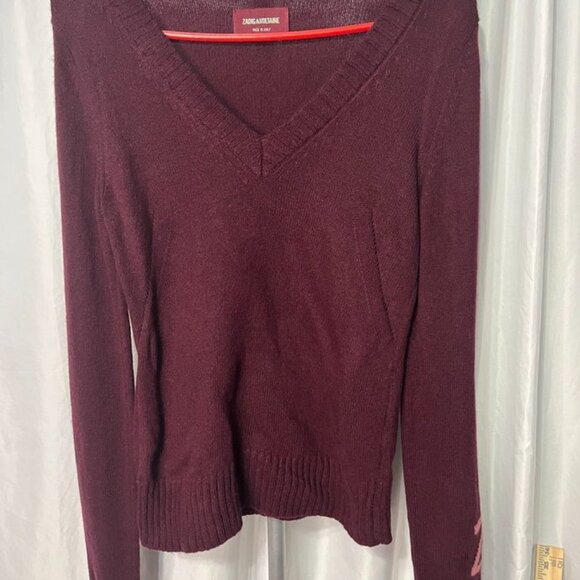 Zadig & Voltaire Burgundy V-Neck Sweater Italy – Monogrammed Sleeve (Est. Small) - Picture 5 of 8